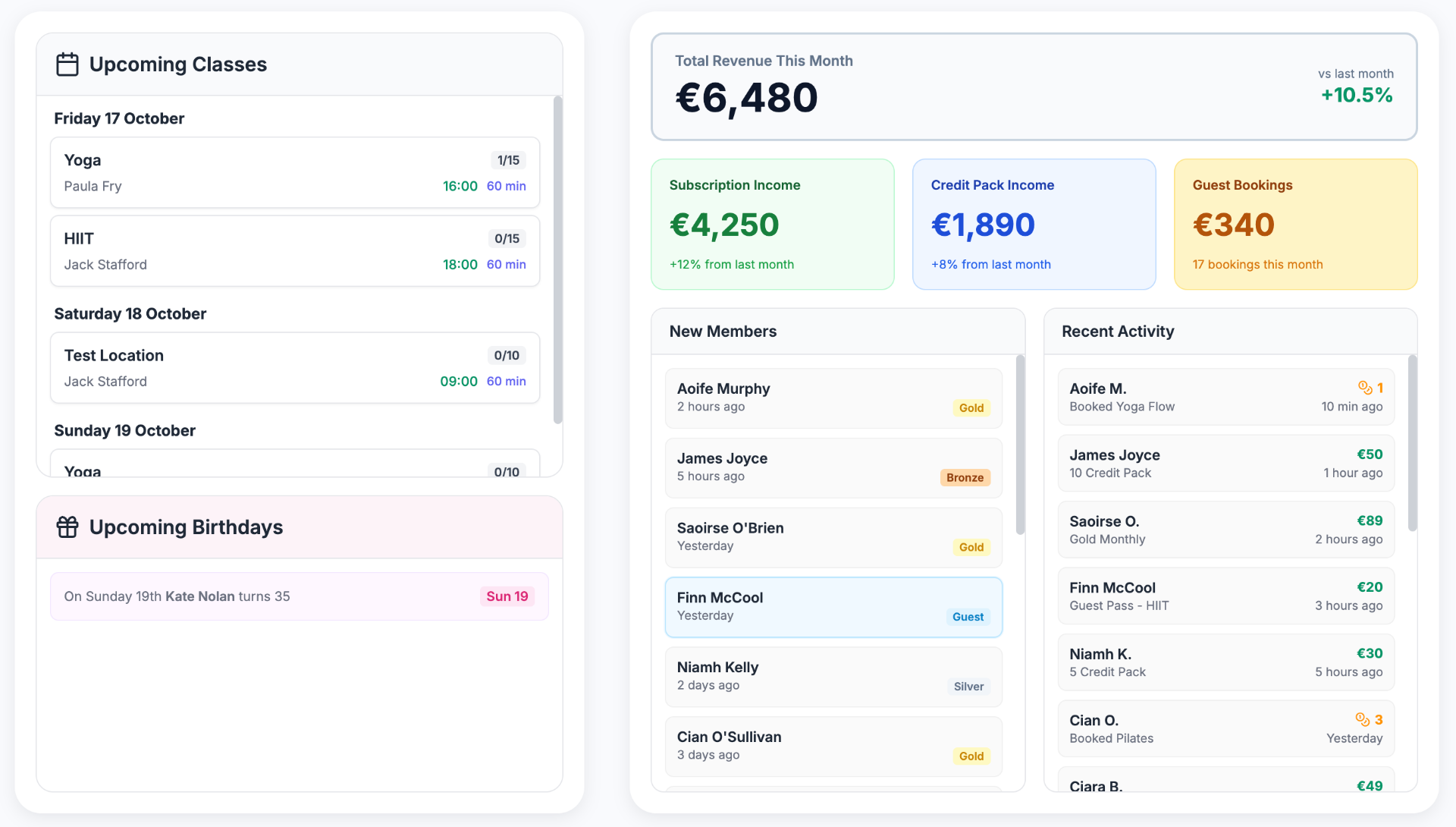 BrightCore desktop interface showing class scheduling and analytics tools