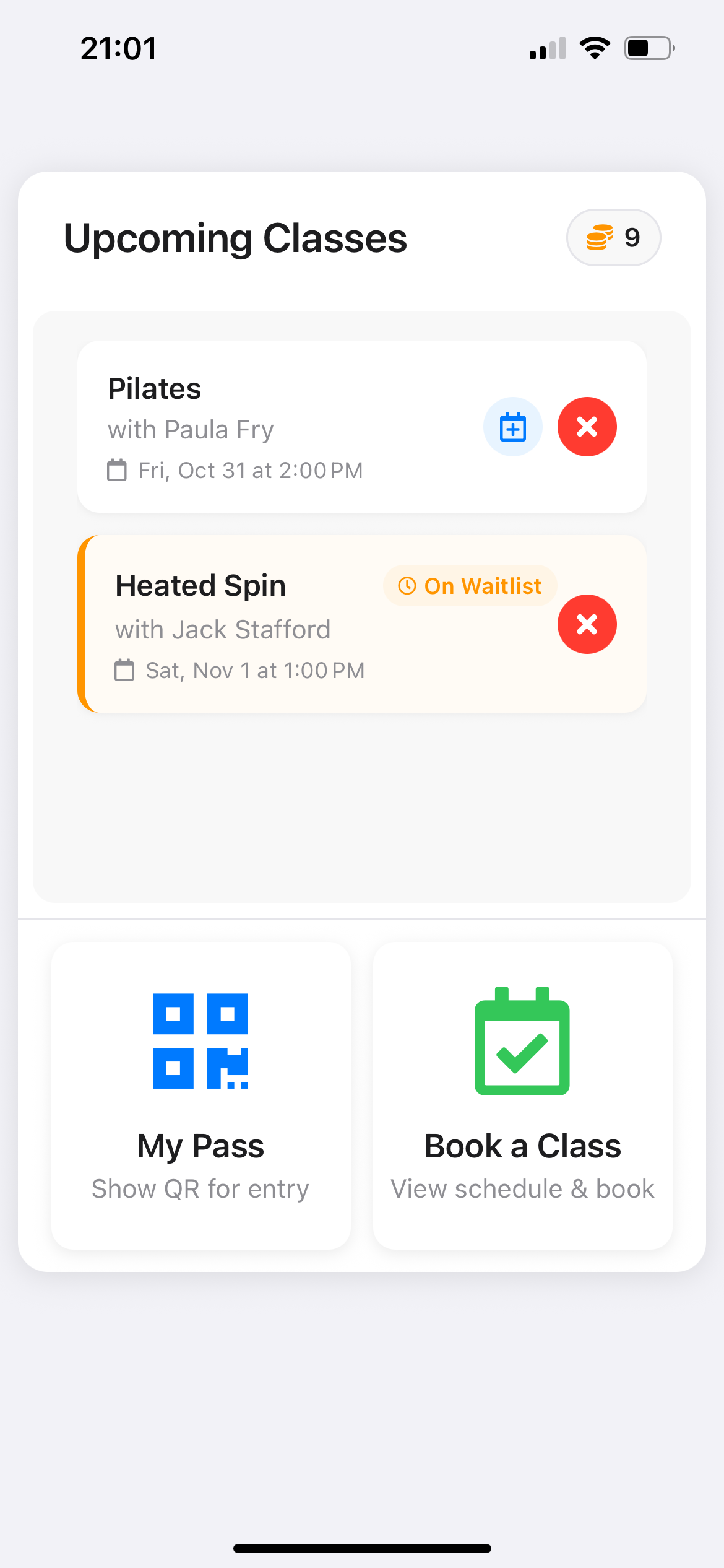 BrightCore mobile app for booking gym, fitness, pilates and yoga classes