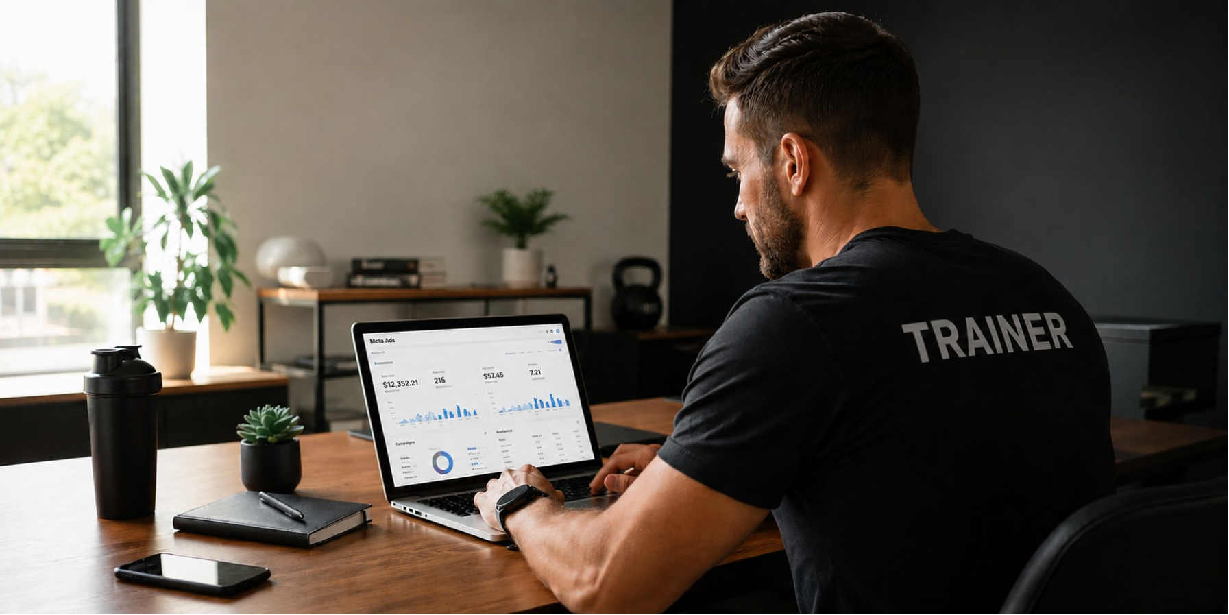 Gym owner reviewing paid ad performance on a laptop